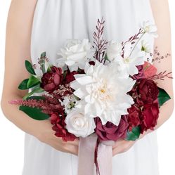 10 Inch Burgundy&White Bridal Bouquet,Bride Bouquets for Wedding Ceremony Anniversary, Party and French Rustic Vintage Wedding,Gothic Wedding,Artifici