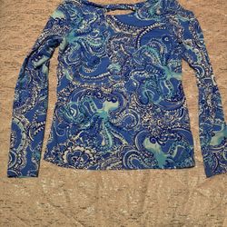 Womens Small Lilly Pulitzer Tristan Blue White Multicolored Paisley Floral Dress Shirt 