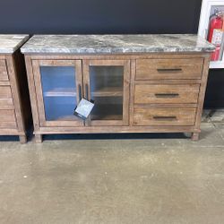 Grayson Driftwood Finish with Gray Marble Top 59.75 in. W Sideboard with Glass Doors