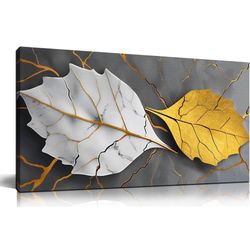 Large Canvas Wall Art for Living Room Bedroom Office Gold and White Leaves Picture Modern Canvas Prints Grey Abstract Framed Wall Decor Size 20x40