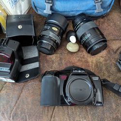 Minolta 35mm Camera, Lens & Bag