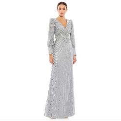 MAC DUGGAL size 8 SEQUINED WRAP OVER BISHOP SLEEVE GOWN DRESS