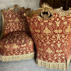 Oversized Antique Gold Gilt Chair Red & Gold Fabric Gold Fringed Skirt Fit For A King/Queen