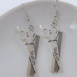 Hair Stylist Comb and Scissor Dangle Earrings