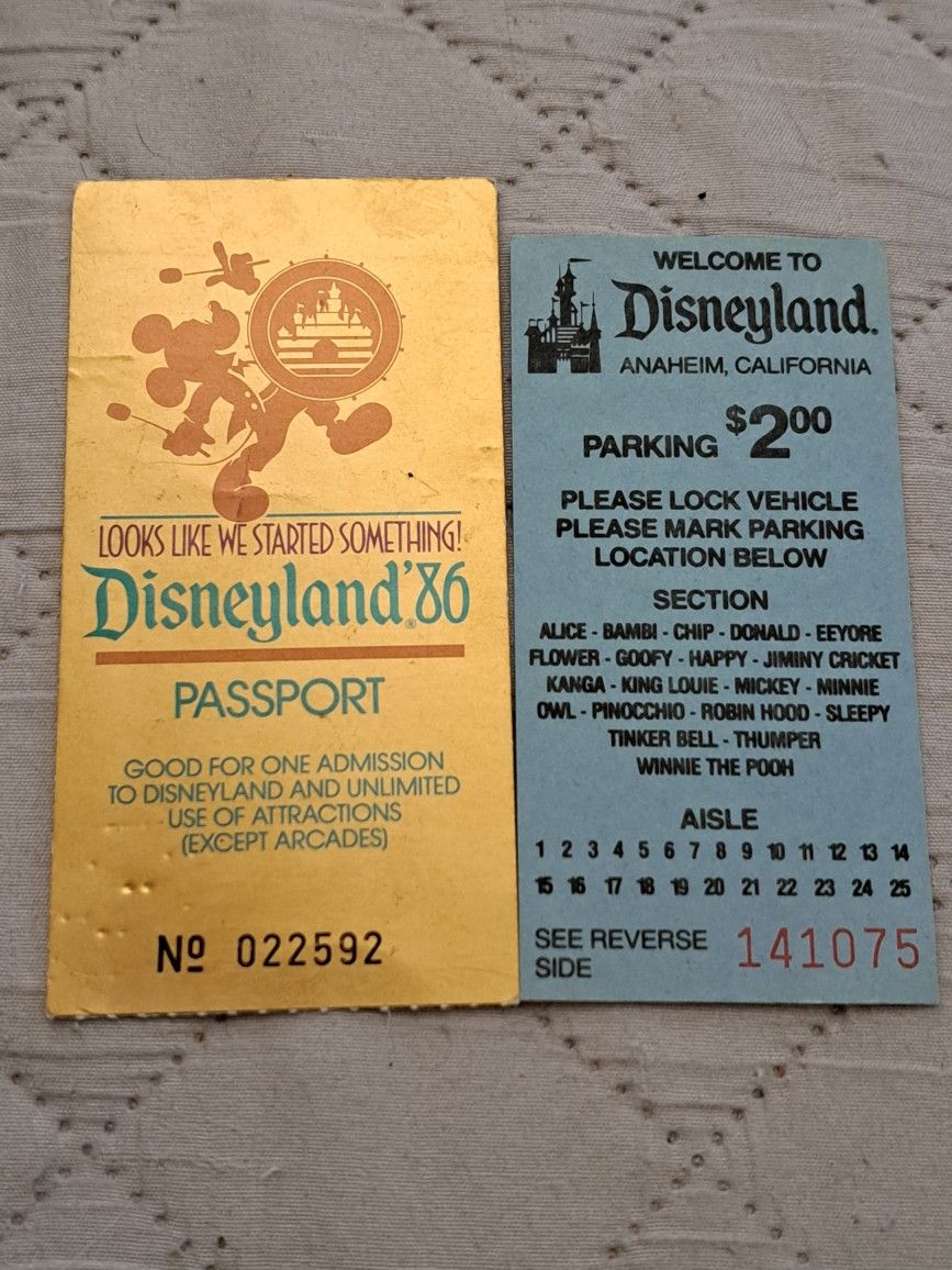 2 VINTAGE DISNEYLAND PASSPORT TICKET STUBS