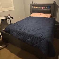 Gray Bed Frame Queen Mattress and Box Spring with Storage Cubbies
