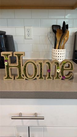 Home Wood Sign with Moss and Flowers