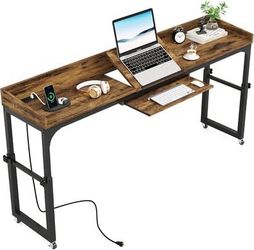 New Height Adjustable Overbed Table Desk with Wheels, Outlets & USB Ports Rustic Brown