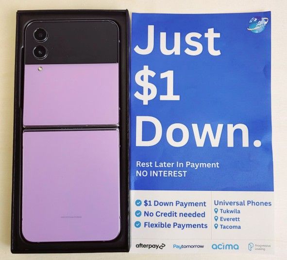 Samsung Galaxy Z Flip 4 5G Unlocked, FREE Smartwach/ Headphones. Pay $1 Today Rest in payments. NO CREDIT NEEDED FINANCING