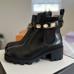 Gucci Calfskin Crystal GG Trip Ankle Boots
