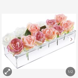 Brand New Clear 12” Acrylic Flower Vase Rectangular Floral Centerpiece, 12 Inches Long Low Vases With Holes For Dinning Table, Home Decor