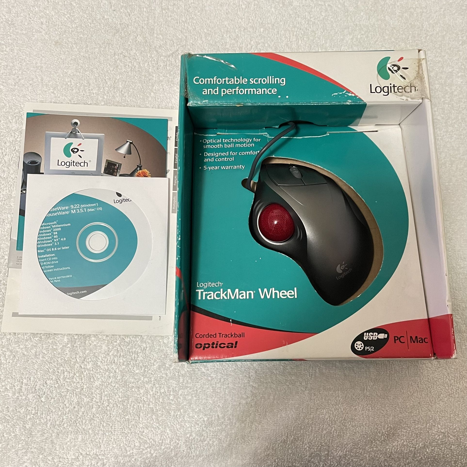Logitech TrackMan Wheel Optical Wired Mouse TrackBall Track Man Ergonomic Design