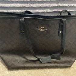 COACH City Tote, Signature, Brown Leather, All-Over Print