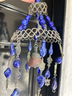 Vintage Wind Chime Blue and Bell Hanging Decor Brass Copper ceramic Collectible Art Sculptural Rusty 