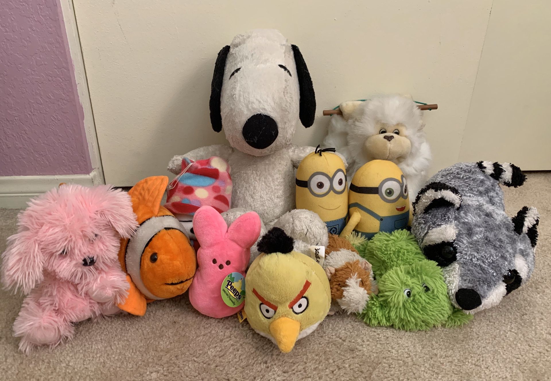 Plushies Bundle| Stuffed Animal Bundle, Cute Plushies, Large Peanuts Snoopy Plush, Hanging monkey plush, minion plushies, 12 total