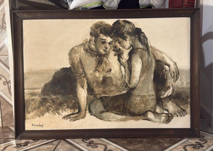 Original painting of a couple sitting on the beach. 39x27