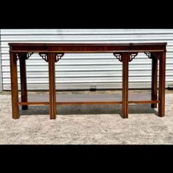 Vintage Hollywood Regency console table with  fretwork details by Lane.
Chinese Chippendale style console table by Lane Furniture