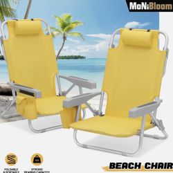 2 Pcs Folding Beach Chair Set Backpack Camping Cot Aluminium Frame Lounge Chaise