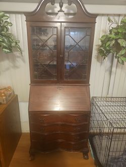Vintage Chippendale-style mahogany secretary  desk with glass-front bookcase hutch