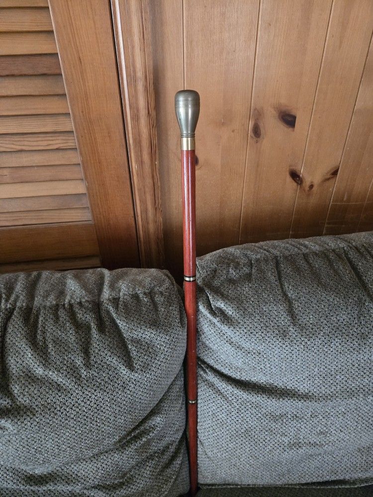 Antique Brass Head Walking Cane With Flask,compass And Sun Dial Compartments