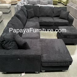 New 113” Chennile Sectional Couch, U-Shaped Sectional Sofa, Couch, Sectionals, Sectional And Ottoman, Couch, Black Sectional, Reversible Chaise Sofa D