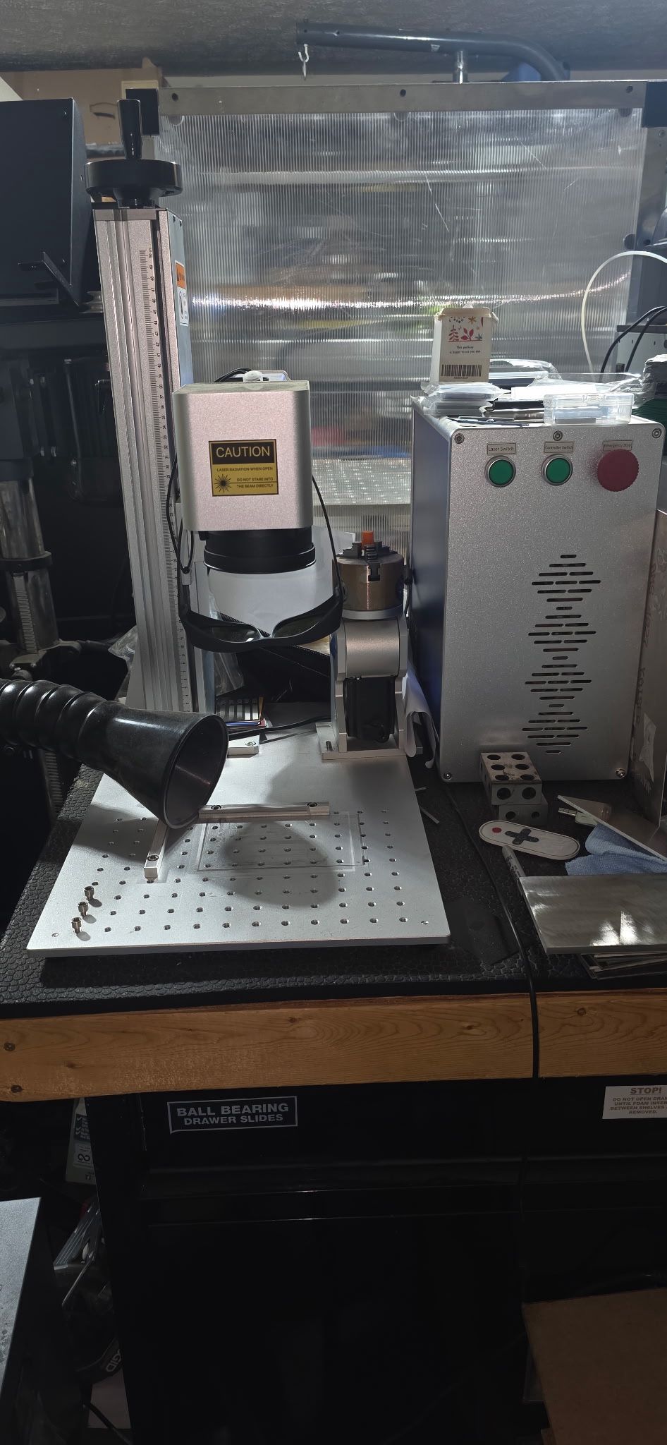Used low hour 60 watt fiber laser with turret. F254 (175x175) and F290 (220x220) lens.