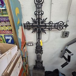 Antique Rod Iron Cross With Concrete Base