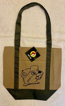 Buc-ees Mini Reusable Tote Bag Beige/Khaki Green Graphic Print on both sides