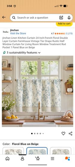 JINCHAN Floral Blue Beige Kitchen Curtains 24 inch (Pair)