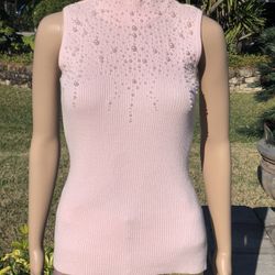 Pink Knit  Shirt With Faux Pearls Made By Cache Sz M