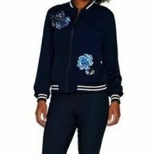 Susan Graver Navy Floral Embroidered Bomber Zipper Jacket 