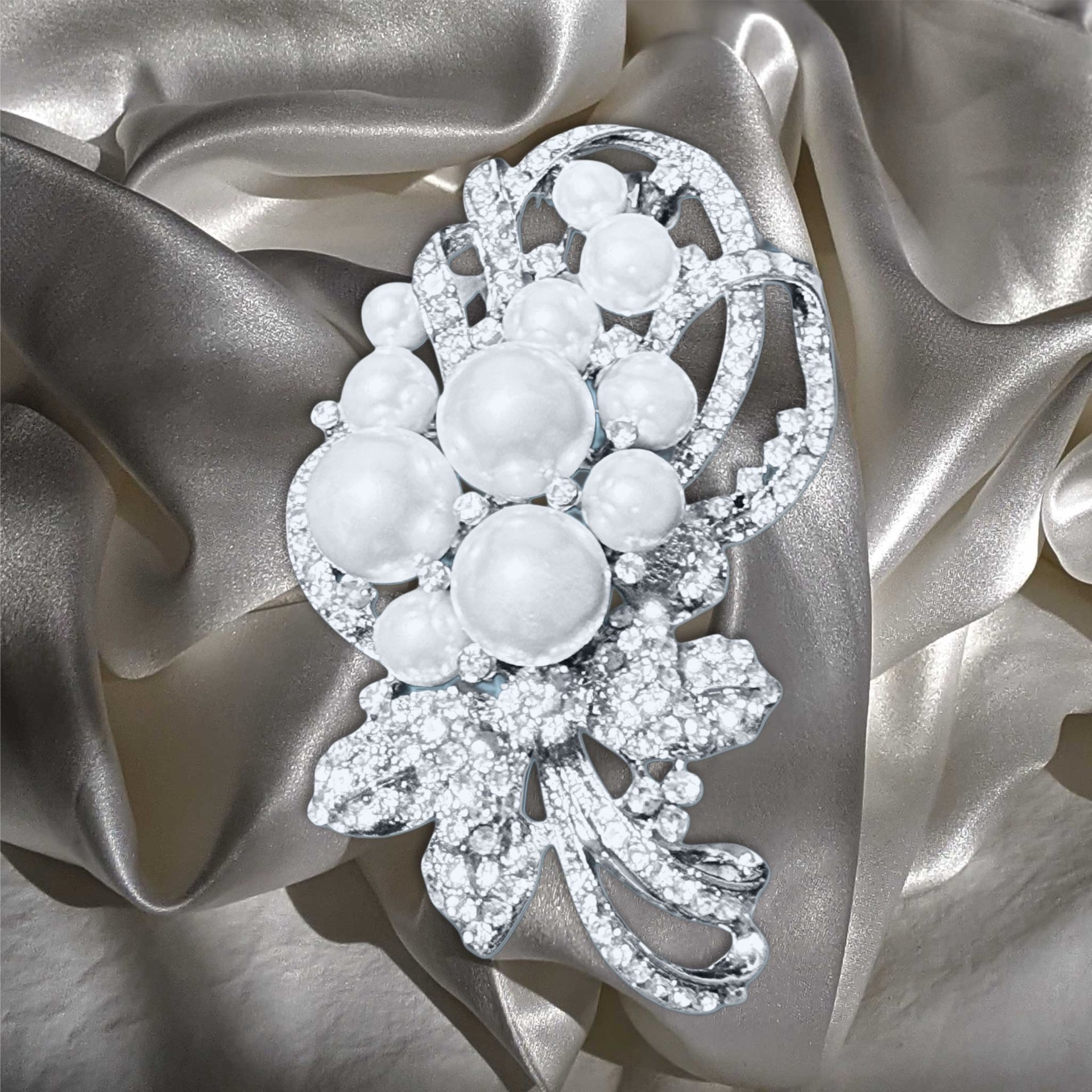 Vintage 2000s Modern Statement Silver Faux Pearl Rhinestone Floral Brooch, 3x2”