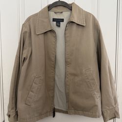 Lands End Tan Khaki Men’s XS Collared Zip Jacket Slant Pockets Reinforced Elbows