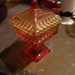 Orange Tinted Carnival Glass Square Candy Dish With Matching Lid