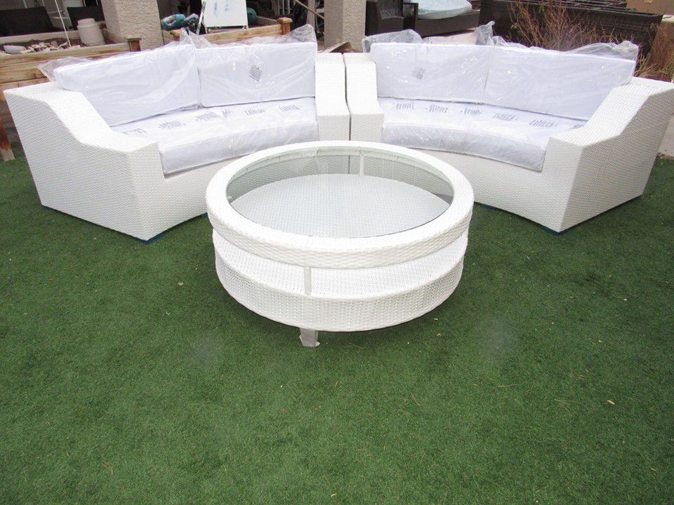 New White Outdoor Wicker Sectional Sofa White/White Round Patio Furniture Viro