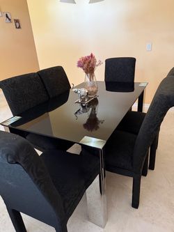 Elegant Frosted Black Tempered Glass Dining Table with 6 Chairs