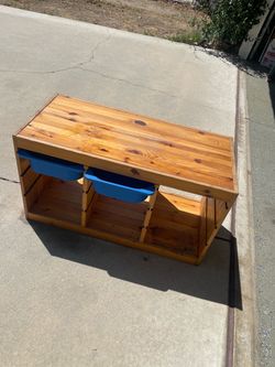 Wood Storage Bench with Blue Bins