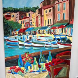 BEAUTIFUL LARGE MEDITERRANEAN SEASCAPE SINGNED OIL ON STRETCHED CANVAS 51"W x 70"L
