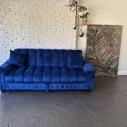 Blue Velvet Sofa Bed Couch With Storage and 2 Pillows