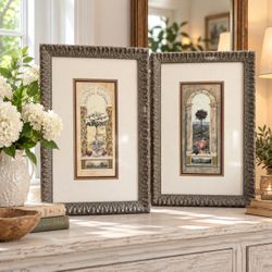 Pair of Framed Tuscan Botanical Wall Art Prints – Ornate French Country Garden Decor