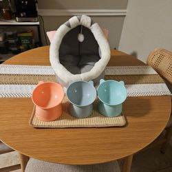 Cat Bed And 3 Elevated Bowls Cat Food And 1 Cat Scratcher