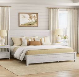 New Echo Rustic White Farmhouse Solid Wood Frame King Platform Bed with Worn Texture Pattern Headboard and Footboard