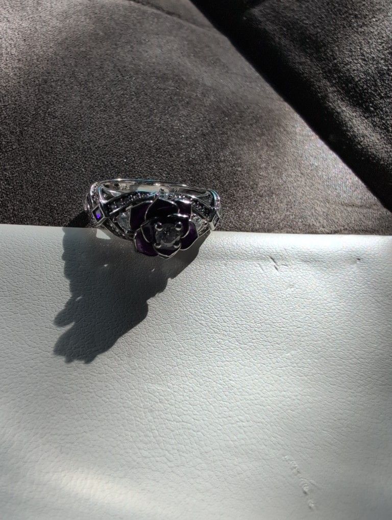 Sterling Silver with Amethyst Rose and Crystal Inlays 