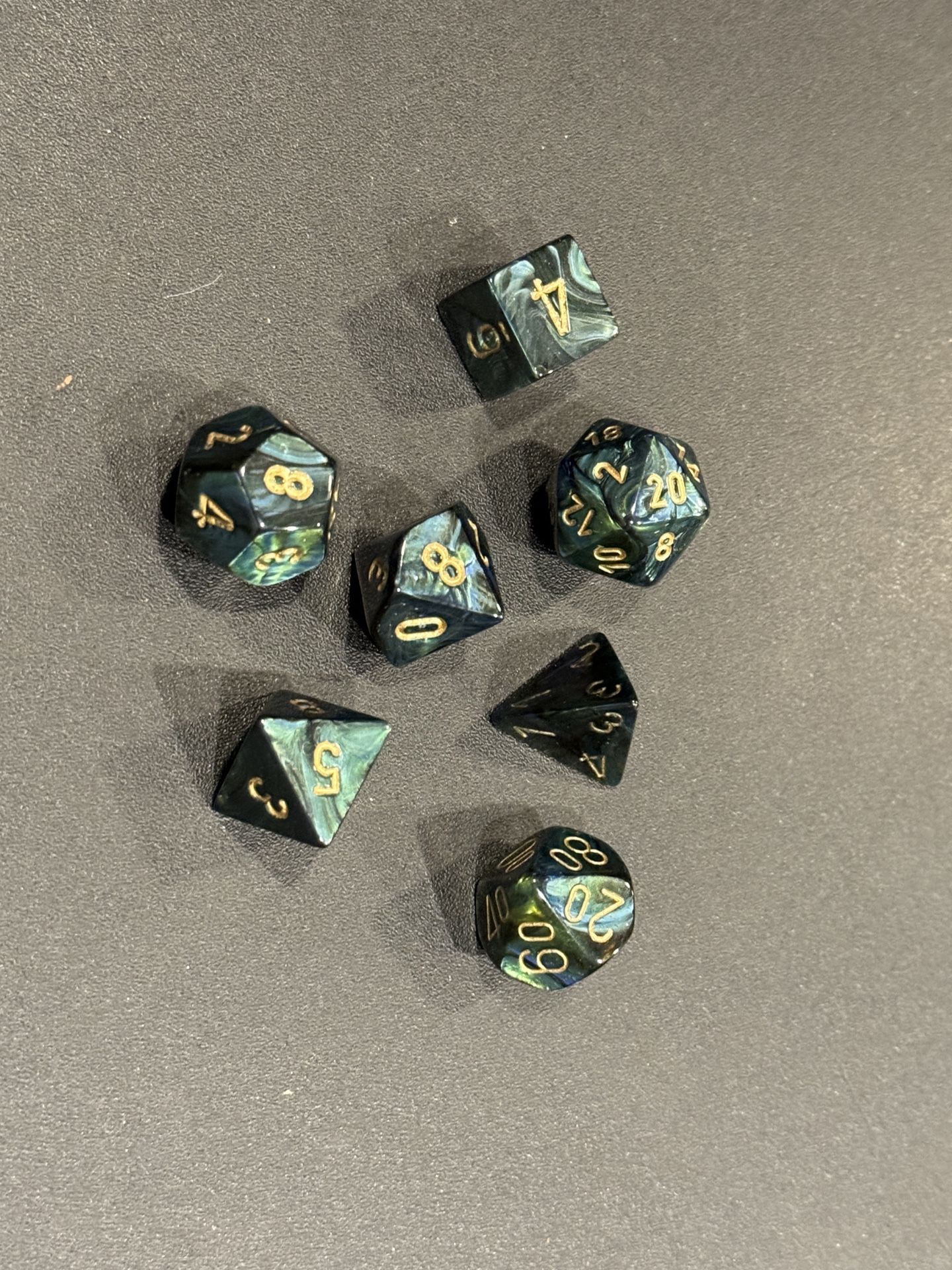 Set of 7 Role playing DND Dice, metallic green