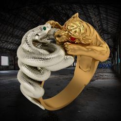 3D Retro Gold Tiger Silver Snake Fighting Animal Bohemia Ring - Size 8