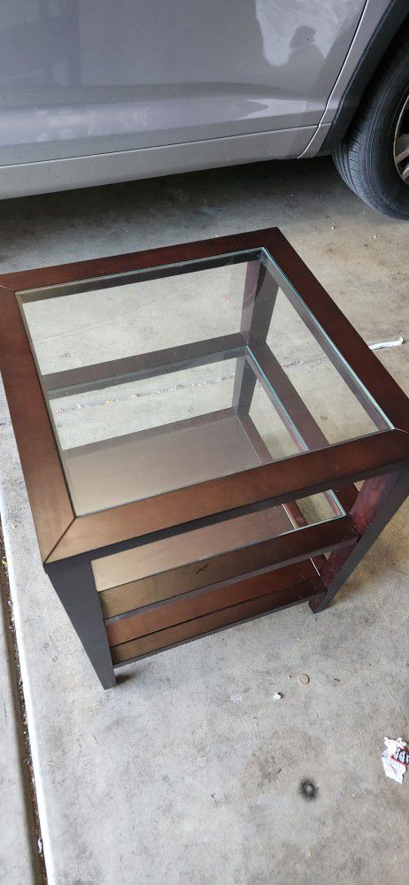Espresso Side Table w/ Shelf & Glass Top

