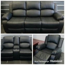 Brand New Black Leather 3pc Reclining Set With Built In Cup Holders & Storage Console Free Local Delivery