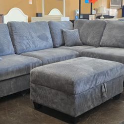 Gray Corduroy Sectional with storage ottoman