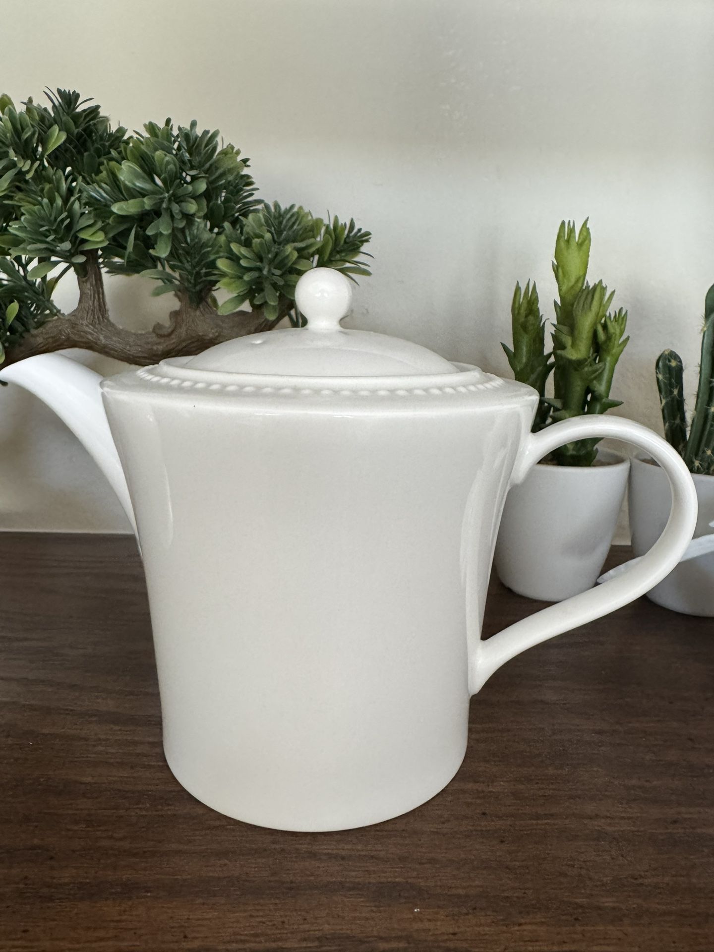 Crate & Barrel white pearl bone China teapots& Pair of Vintage White Porcelain Love Birds