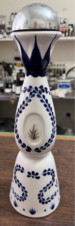 Tequila Clase Azul Empty Vase Bottle Blue And White With A Silver Knob Like Lid